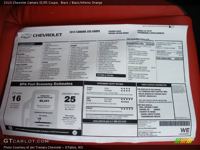  2010 Camaro SS/RS Coupe Window Sticker