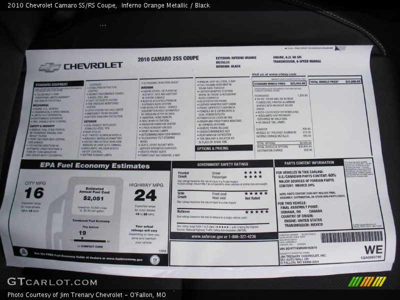  2010 Camaro SS/RS Coupe Window Sticker