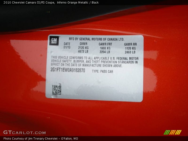 Info Tag of 2010 Camaro SS/RS Coupe