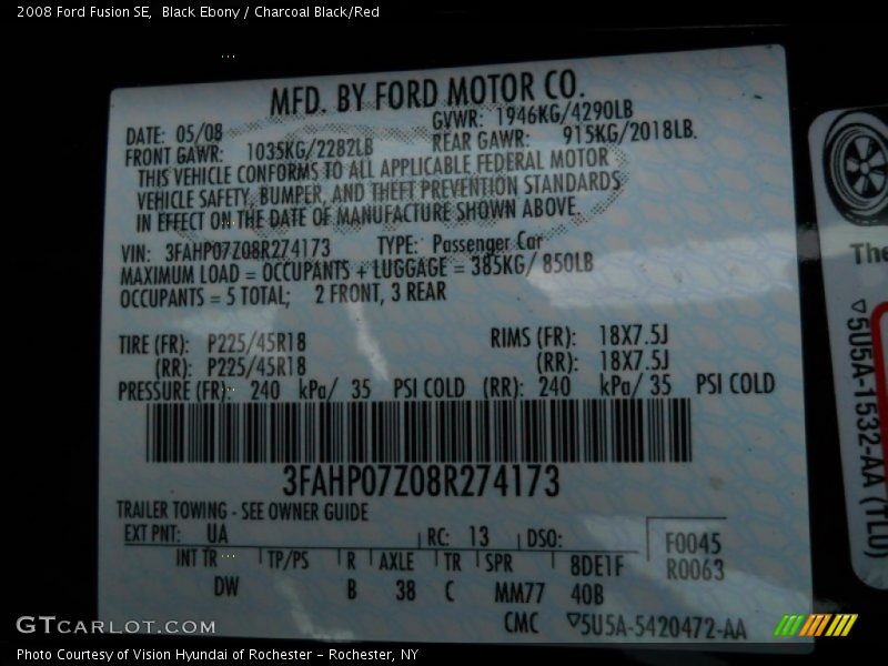 Black Ebony / Charcoal Black/Red 2008 Ford Fusion SE