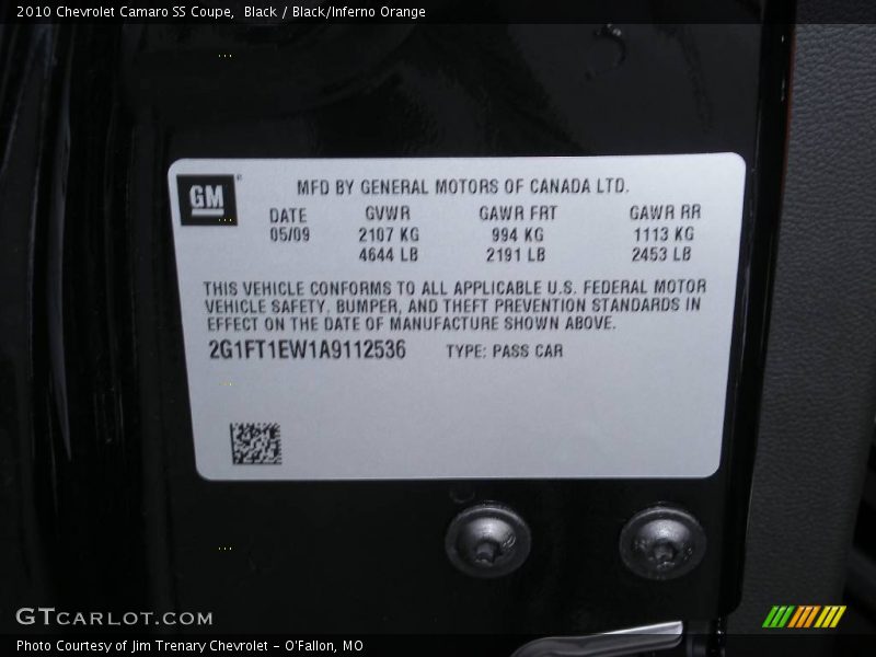 Black / Black/Inferno Orange 2010 Chevrolet Camaro SS Coupe