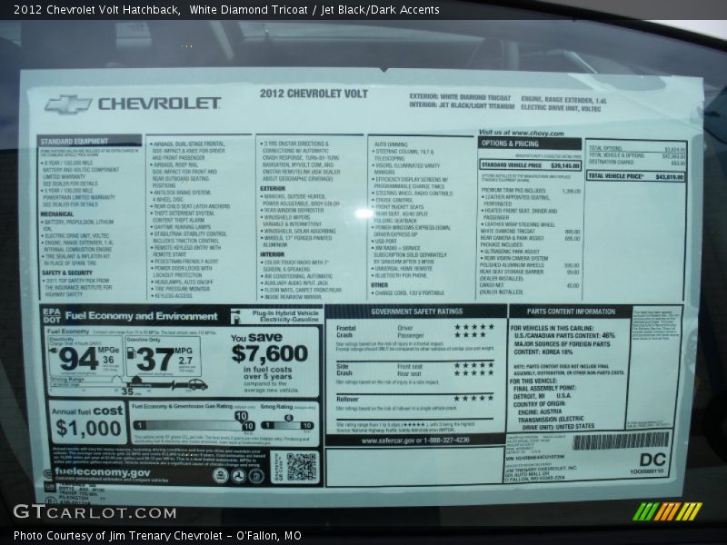  2012 Volt Hatchback Window Sticker