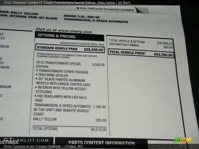  2012 Camaro LT Coupe Transformers Special Edition Window Sticker