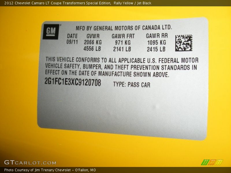 Info Tag of 2012 Camaro LT Coupe Transformers Special Edition