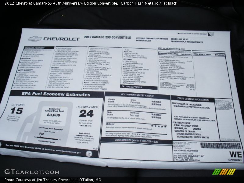  2012 Camaro SS 45th Anniversary Edition Convertible Window Sticker