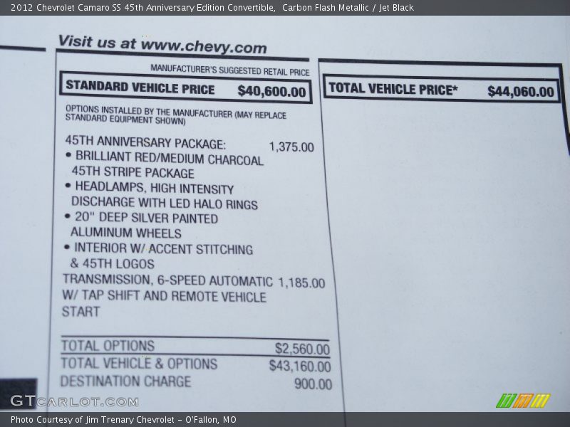  2012 Camaro SS 45th Anniversary Edition Convertible Window Sticker