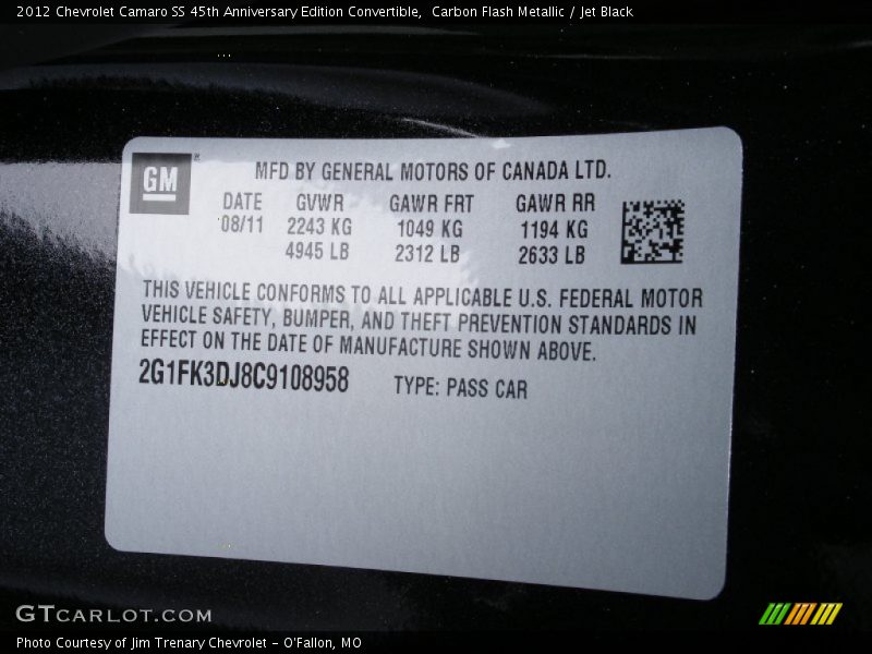 Carbon Flash Metallic / Jet Black 2012 Chevrolet Camaro SS 45th Anniversary Edition Convertible