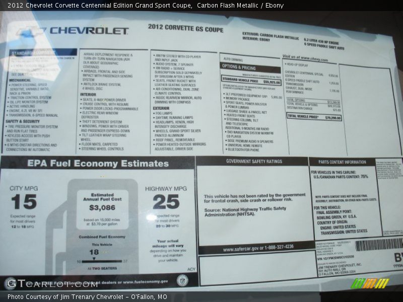  2012 Corvette Centennial Edition Grand Sport Coupe Window Sticker