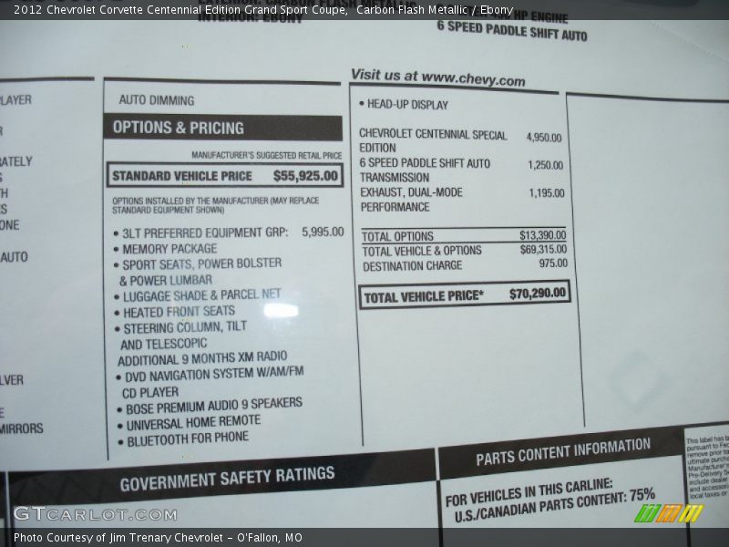  2012 Corvette Centennial Edition Grand Sport Coupe Window Sticker