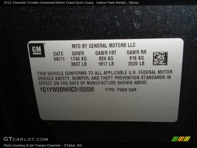 Info Tag of 2012 Corvette Centennial Edition Grand Sport Coupe