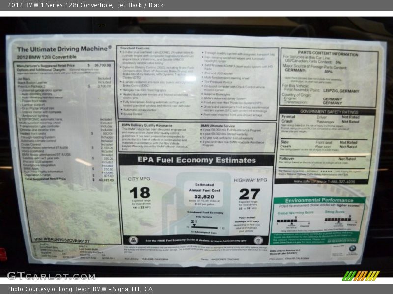  2012 1 Series 128i Convertible Window Sticker