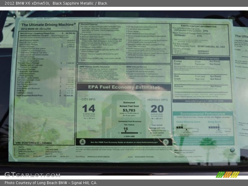  2012 X6 xDrive50i Window Sticker