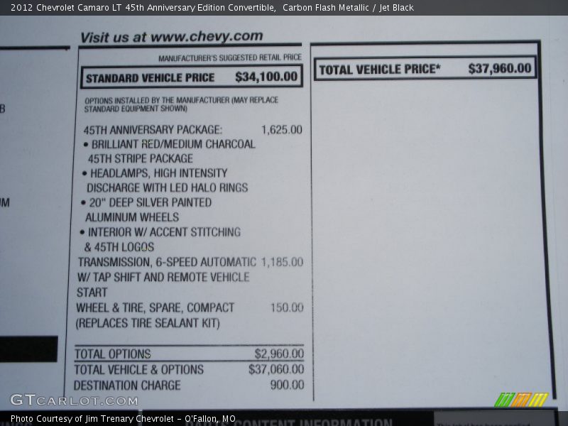  2012 Camaro LT 45th Anniversary Edition Convertible Window Sticker
