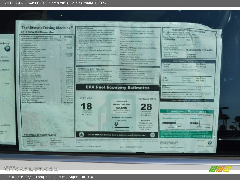  2012 3 Series 335i Convertible Window Sticker