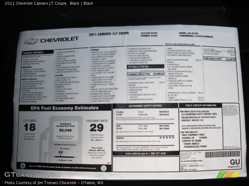  2011 Camaro LT Coupe Window Sticker