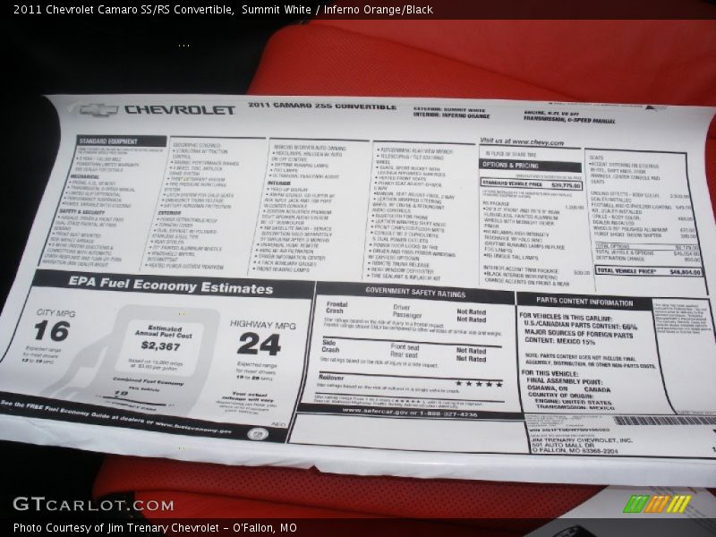  2011 Camaro SS/RS Convertible Window Sticker