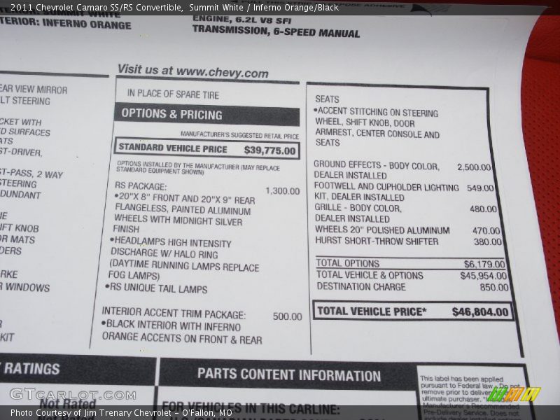  2011 Camaro SS/RS Convertible Window Sticker