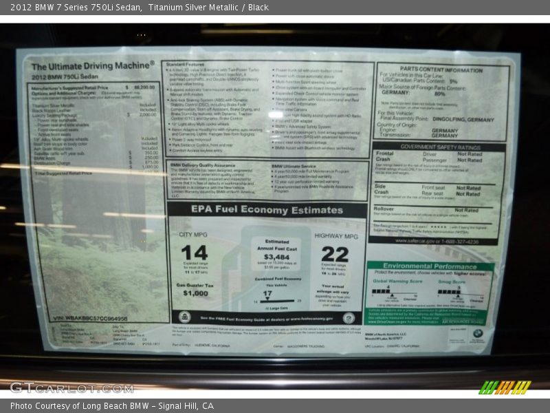  2012 7 Series 750Li Sedan Window Sticker