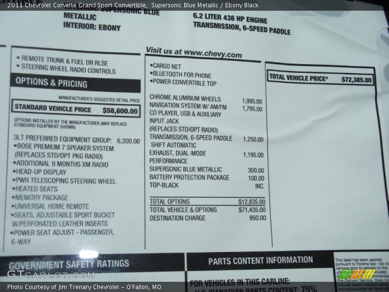  2011 Corvette Grand Sport Convertible Window Sticker