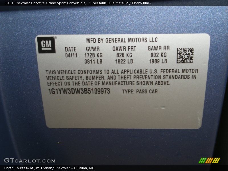 Info Tag of 2011 Corvette Grand Sport Convertible