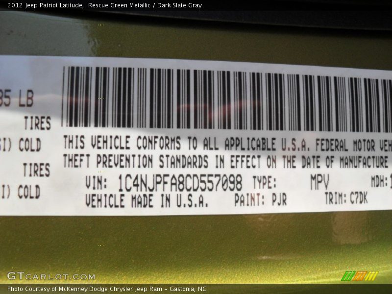 2012 Patriot Latitude Rescue Green Metallic Color Code PJR