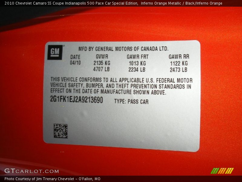 Info Tag of 2010 Camaro SS Coupe Indianapolis 500 Pace Car Special Edition