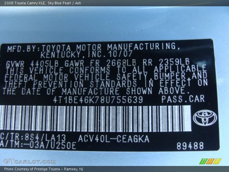 Sky Blue Pearl / Ash 2008 Toyota Camry XLE