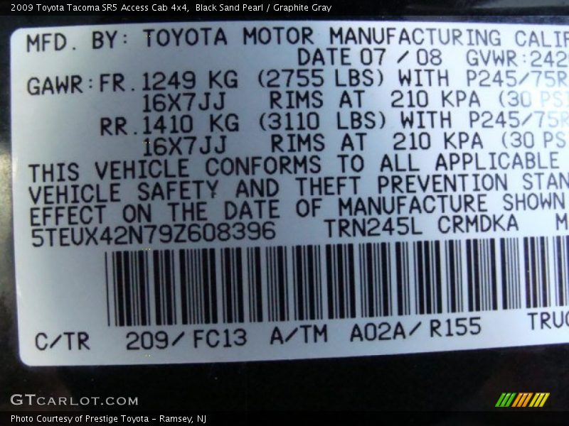 Black Sand Pearl / Graphite Gray 2009 Toyota Tacoma SR5 Access Cab 4x4