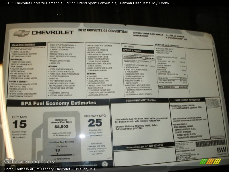  2012 Corvette Centennial Edition Grand Sport Convertible Window Sticker