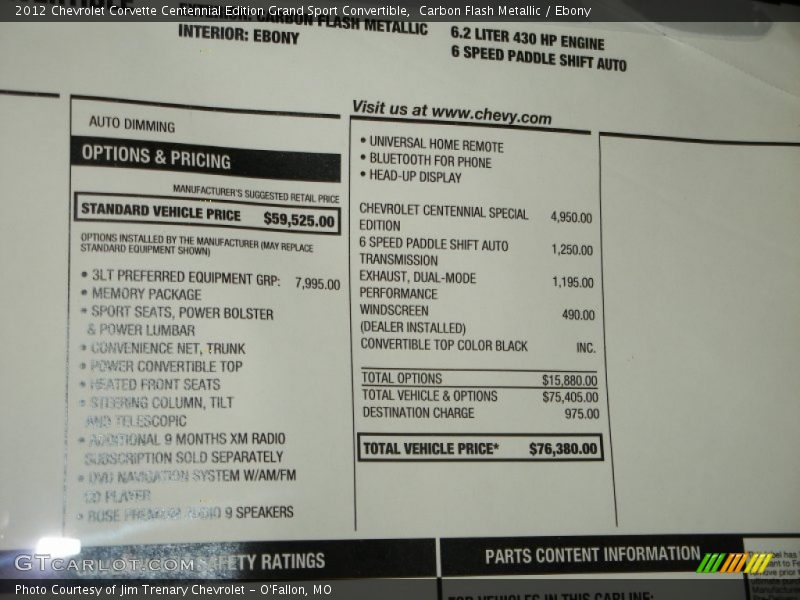  2012 Corvette Centennial Edition Grand Sport Convertible Window Sticker