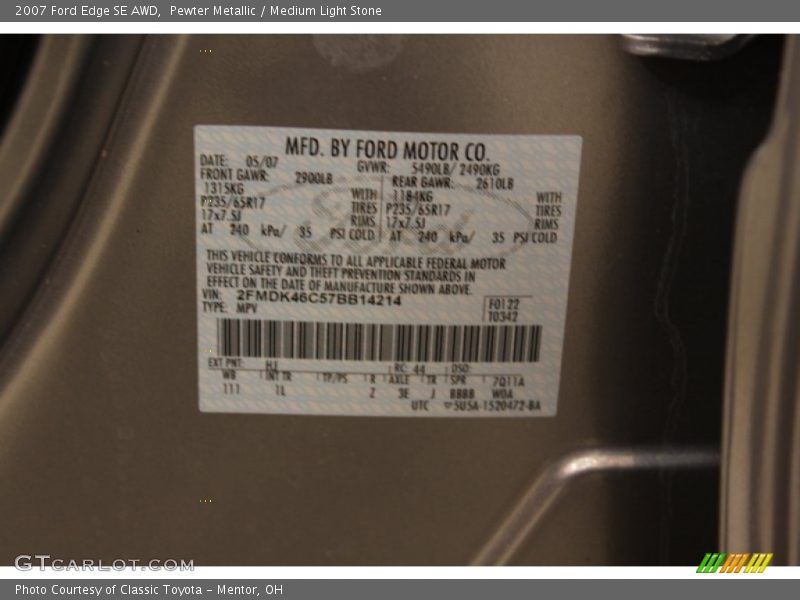 Pewter Metallic / Medium Light Stone 2007 Ford Edge SE AWD