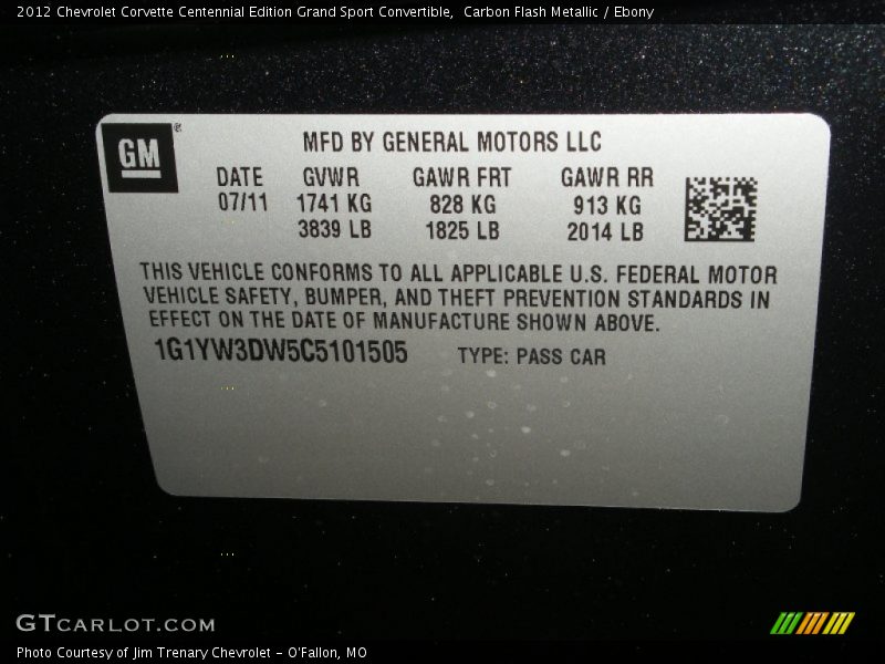Info Tag of 2012 Corvette Centennial Edition Grand Sport Convertible