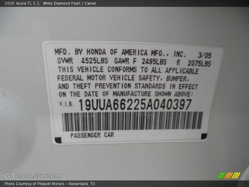 White Diamond Pearl / Camel 2005 Acura TL 3.2