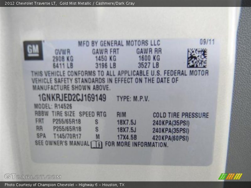 Gold Mist Metallic / Cashmere/Dark Gray 2012 Chevrolet Traverse LT