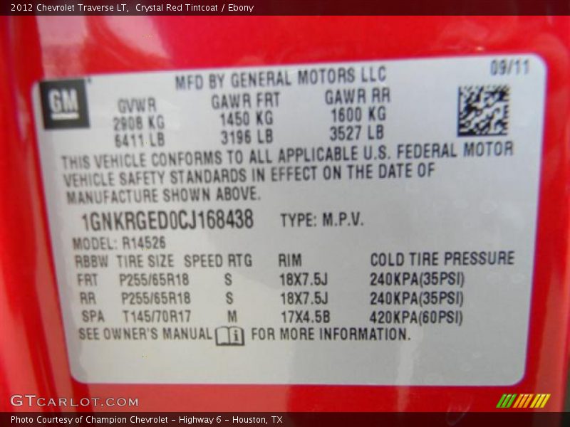 Crystal Red Tintcoat / Ebony 2012 Chevrolet Traverse LT