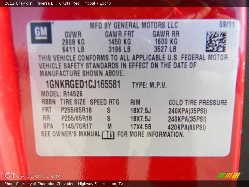 Crystal Red Tintcoat / Ebony 2012 Chevrolet Traverse LT