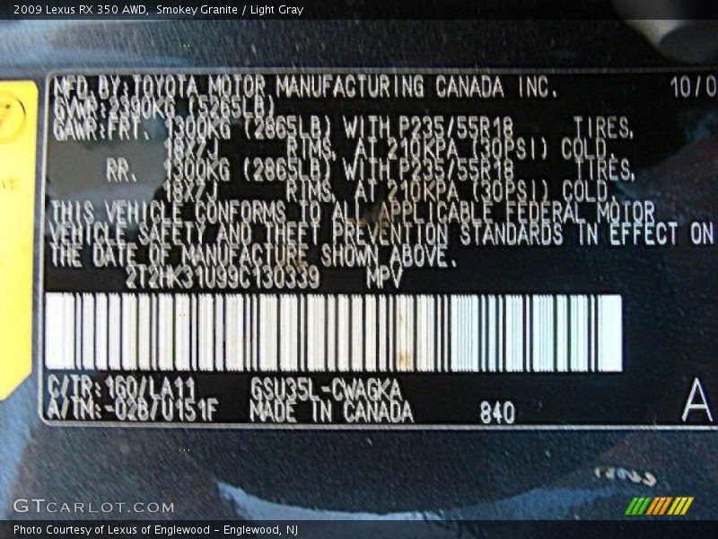 Smokey Granite / Light Gray 2009 Lexus RX 350 AWD