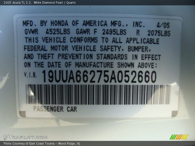 White Diamond Pearl / Quartz 2005 Acura TL 3.2