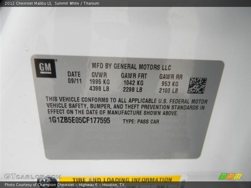 Summit White / Titanium 2012 Chevrolet Malibu LS