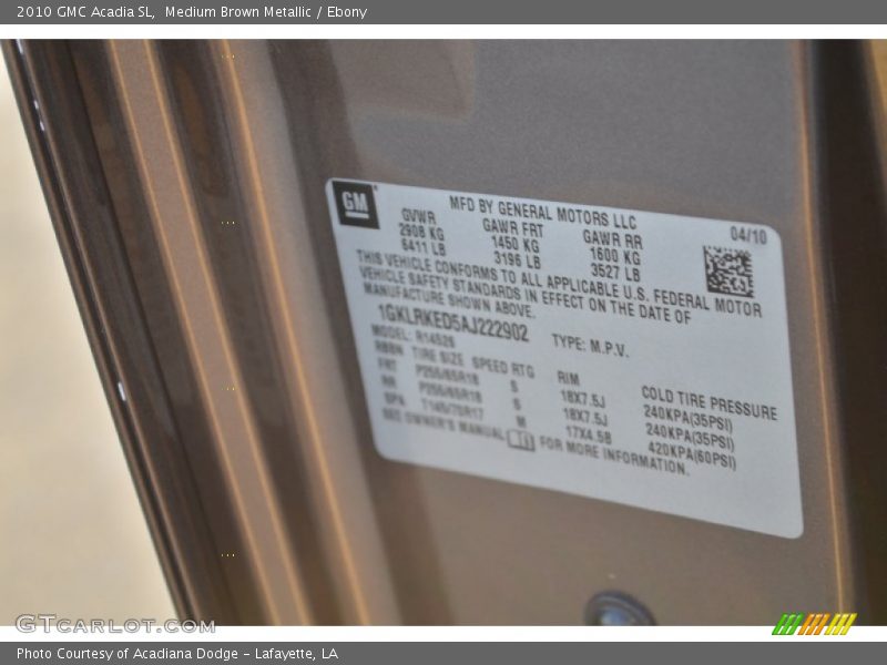 Medium Brown Metallic / Ebony 2010 GMC Acadia SL