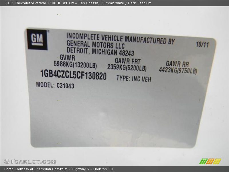 Summit White / Dark Titanium 2012 Chevrolet Silverado 3500HD WT Crew Cab Chassis