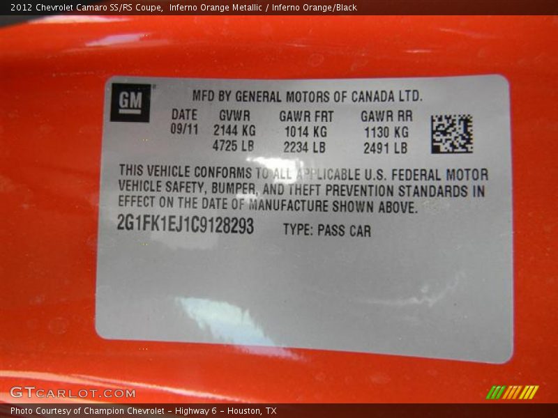 Info Tag of 2012 Camaro SS/RS Coupe