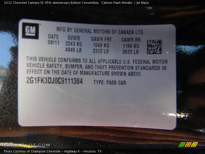 Carbon Flash Metallic / Jet Black 2012 Chevrolet Camaro SS 45th Anniversary Edition Convertible