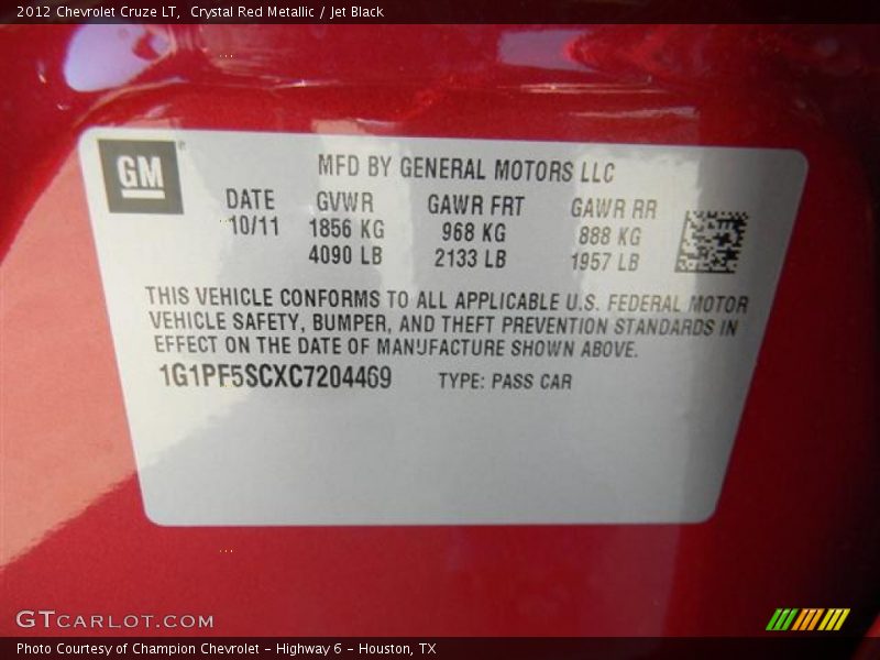 Crystal Red Metallic / Jet Black 2012 Chevrolet Cruze LT