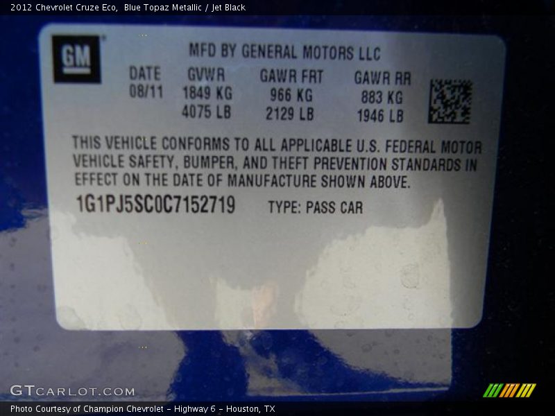 Blue Topaz Metallic / Jet Black 2012 Chevrolet Cruze Eco