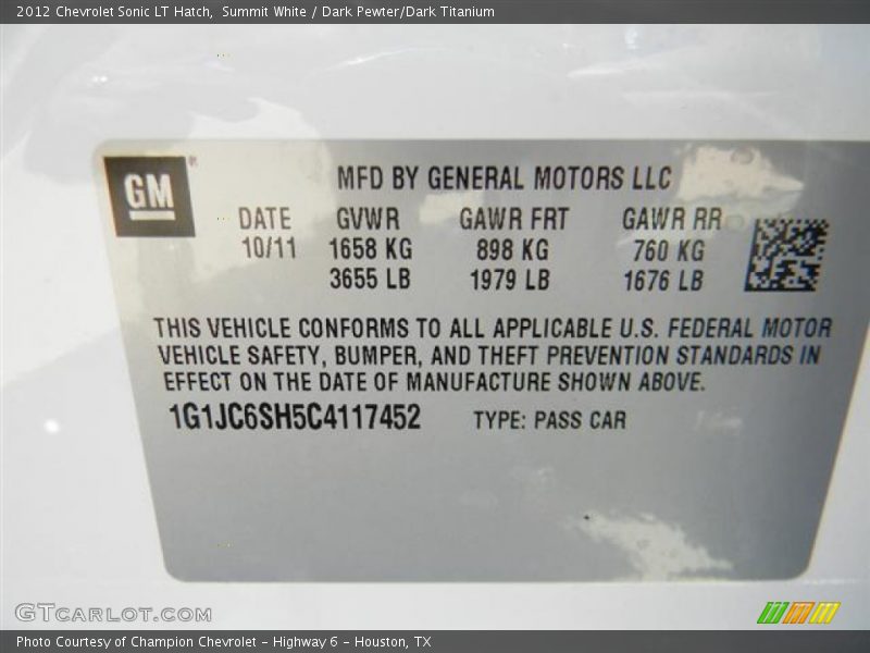 Summit White / Dark Pewter/Dark Titanium 2012 Chevrolet Sonic LT Hatch