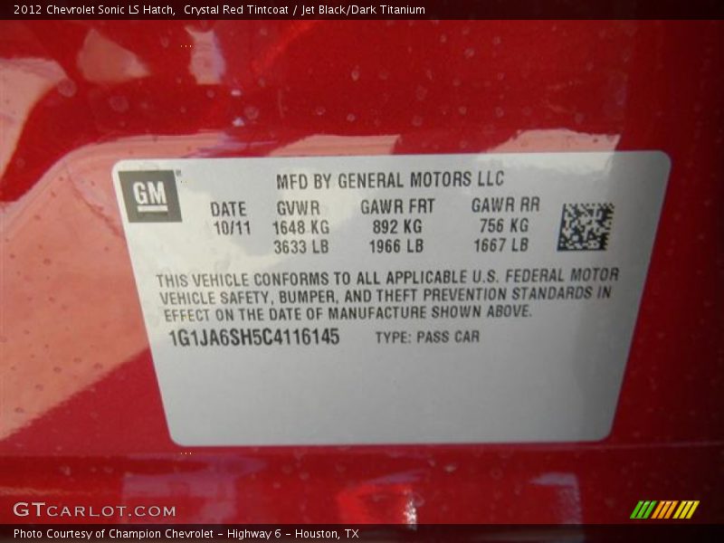 Crystal Red Tintcoat / Jet Black/Dark Titanium 2012 Chevrolet Sonic LS Hatch