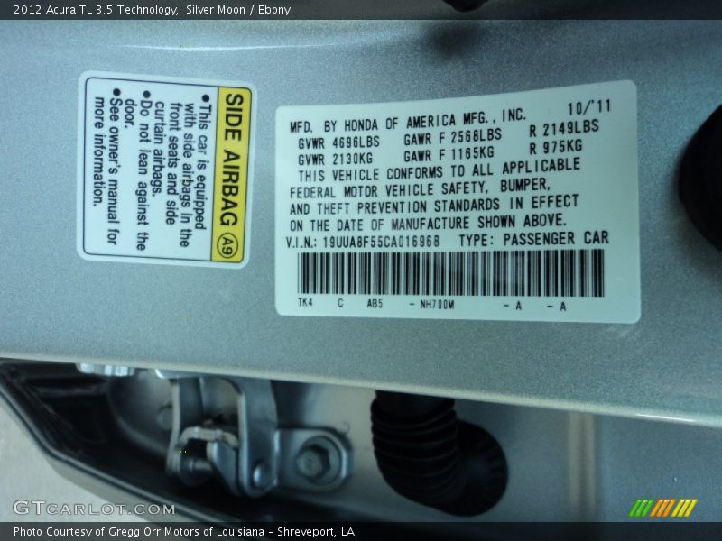 Silver Moon / Ebony 2012 Acura TL 3.5 Technology