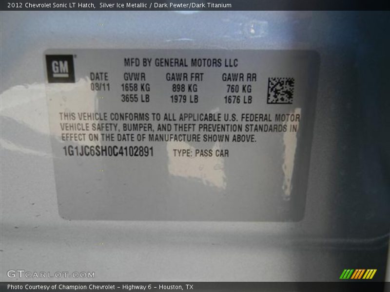 Silver Ice Metallic / Dark Pewter/Dark Titanium 2012 Chevrolet Sonic LT Hatch