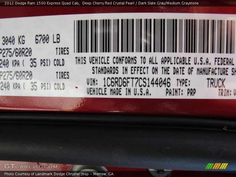 Deep Cherry Red Crystal Pearl / Dark Slate Gray/Medium Graystone 2012 Dodge Ram 1500 Express Quad Cab